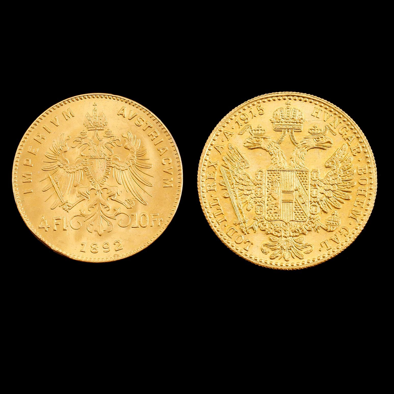 GULDMYNT, 2 st, Österrike-Ungern, 1892 och 1915. Vikt ca 7 gram.