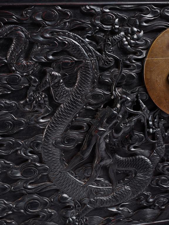 A massive 'five clawed dragon' hardwood storage chest, Qing dynasty, 19th century.