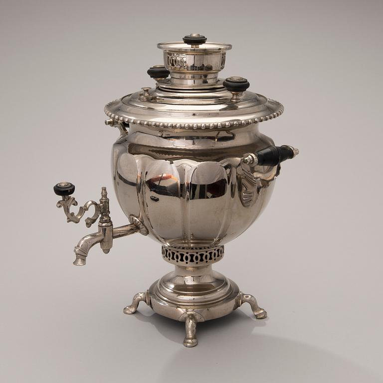 A nickeled samovar from Tula, Russia, late 1800s.