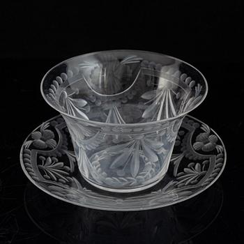 A pair of glass bowls with dishes, 20th century.