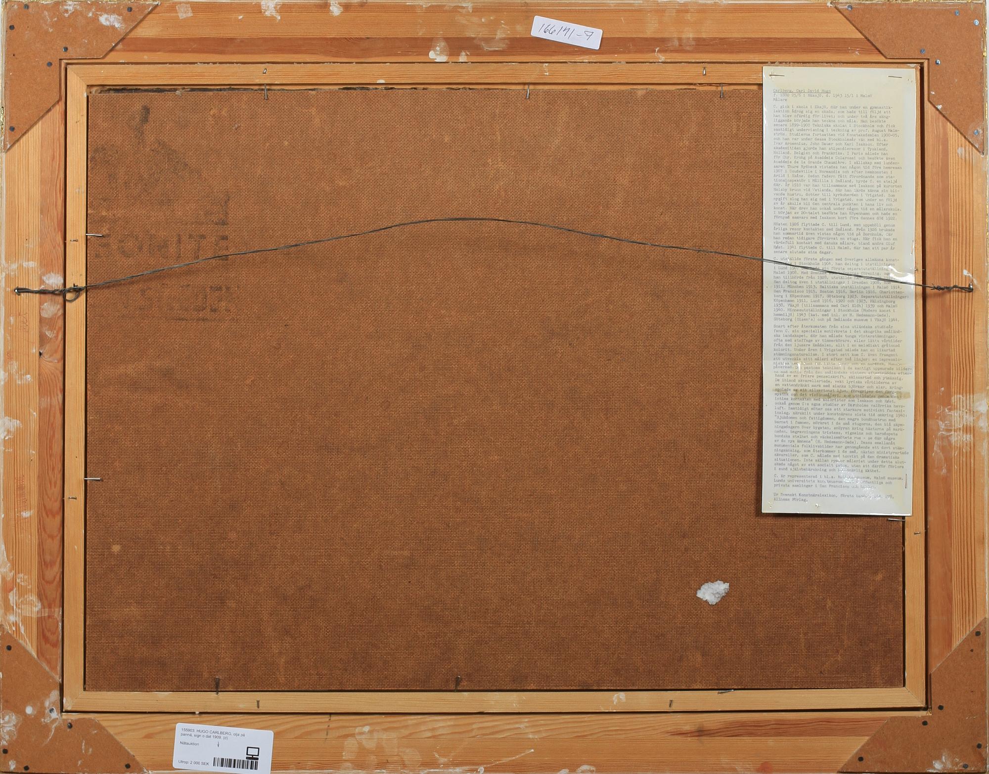 HUGO CARLBERG, olja på pannå, sign o dat 1909.