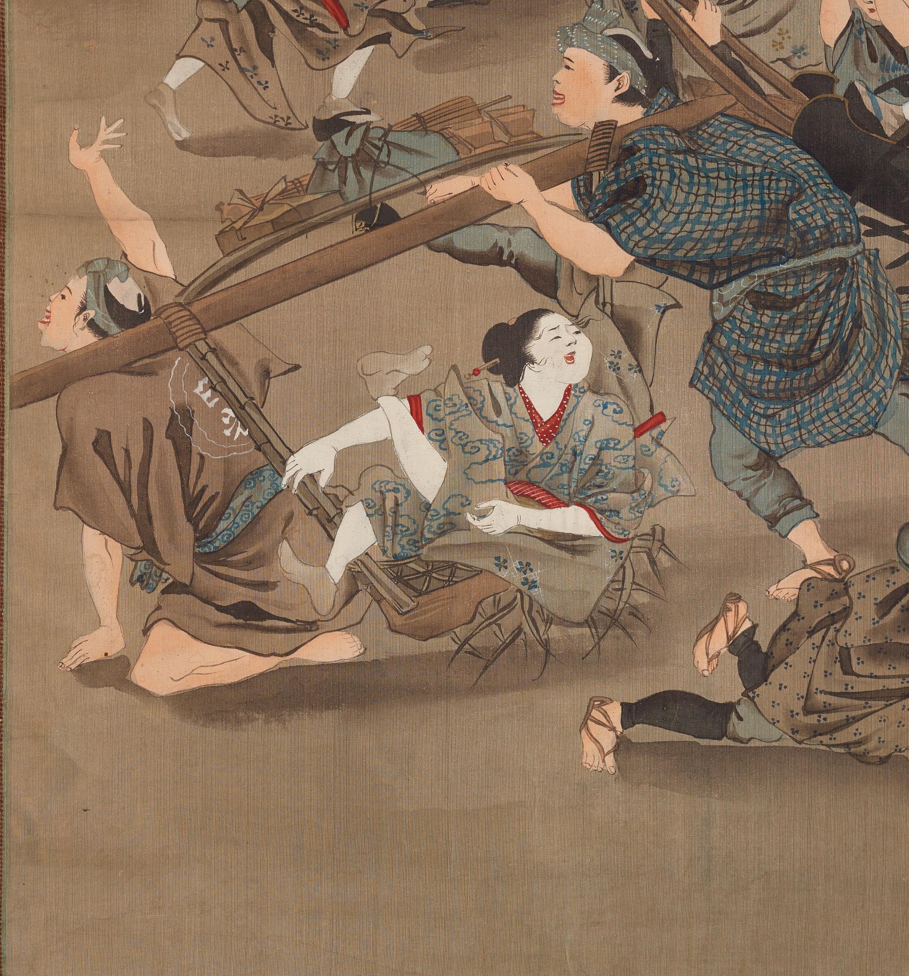 RULLMÅLNINGAR, sex stycken, tusch och färg på papper. Japan, Meiji (1868-1912).