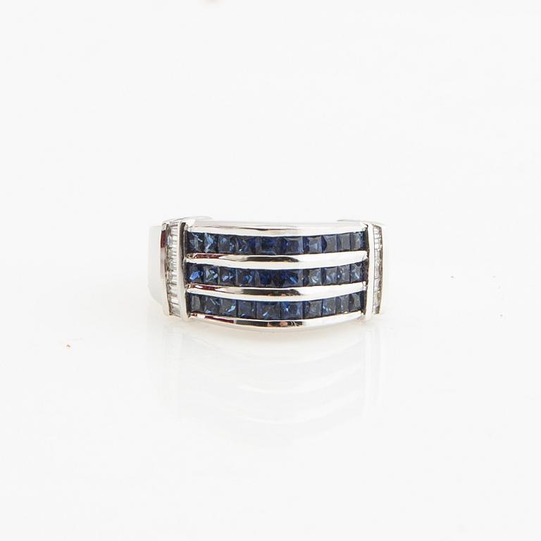 Ring, 18K white gold with baguette-cut diamonds and princess-cut sapphires.