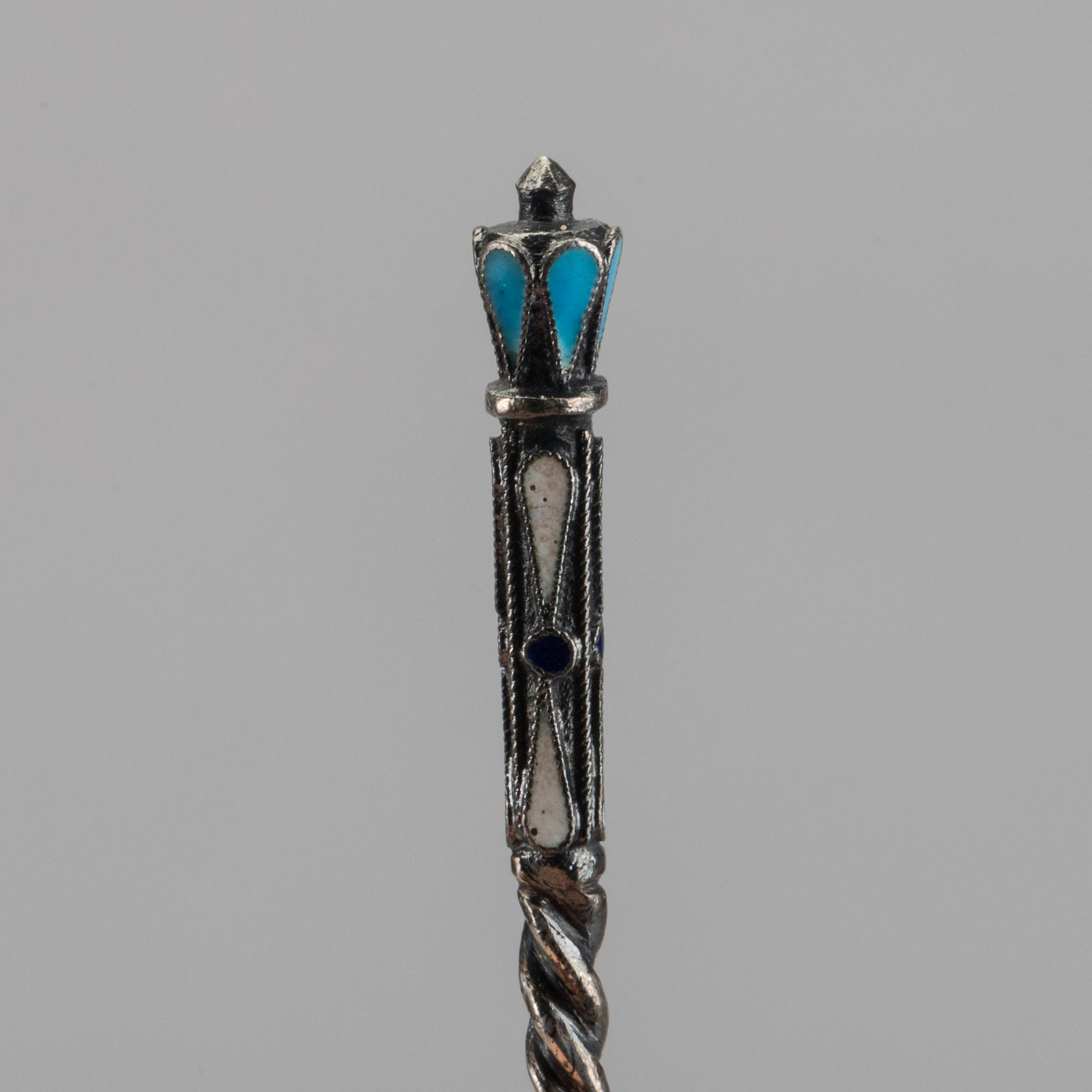 A set of six Russian silver and enamel spoons, around 1900 weight ca 195 gr.