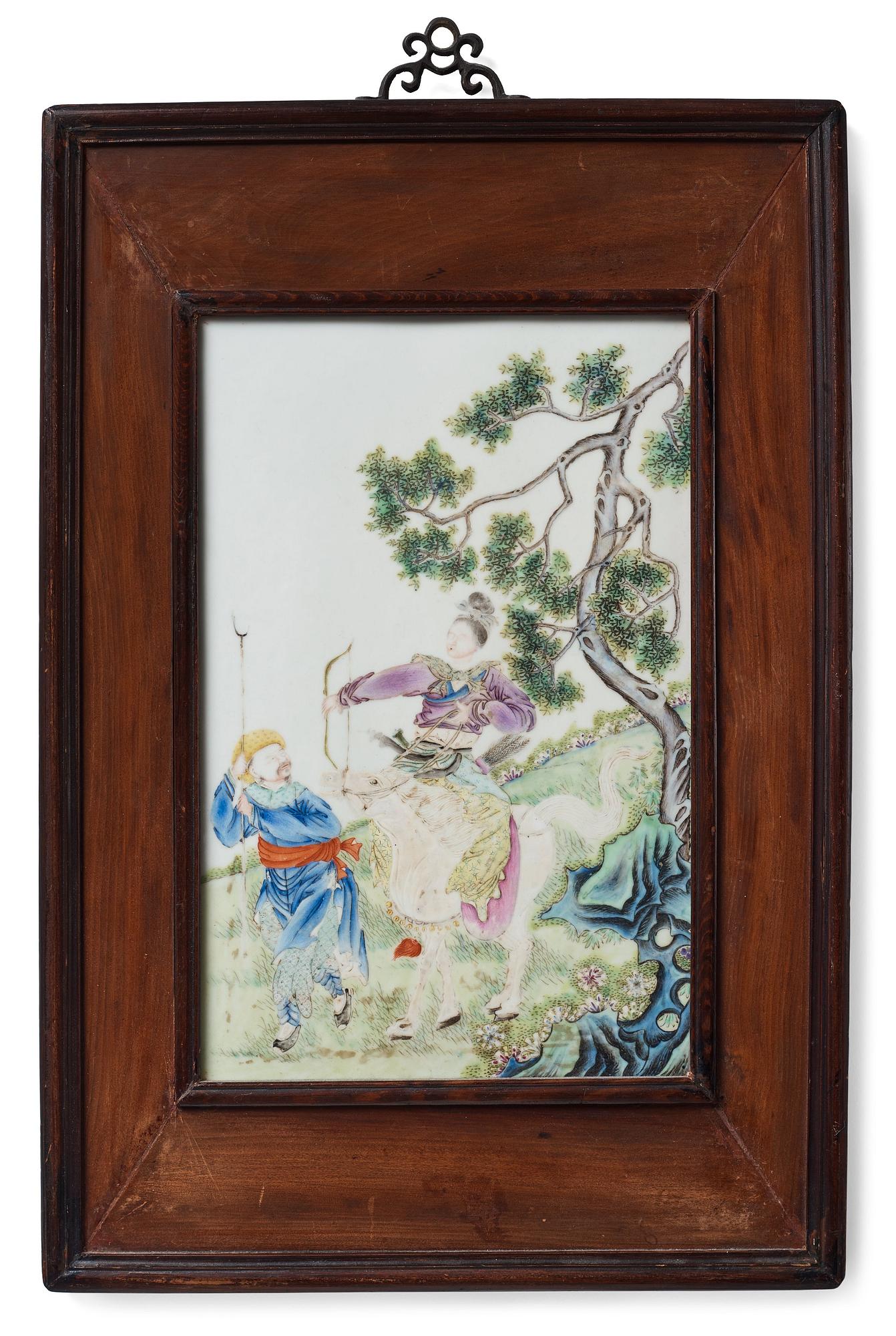 A famille rose plaque of a female warrior, Qing dynasty, 19th Century.
