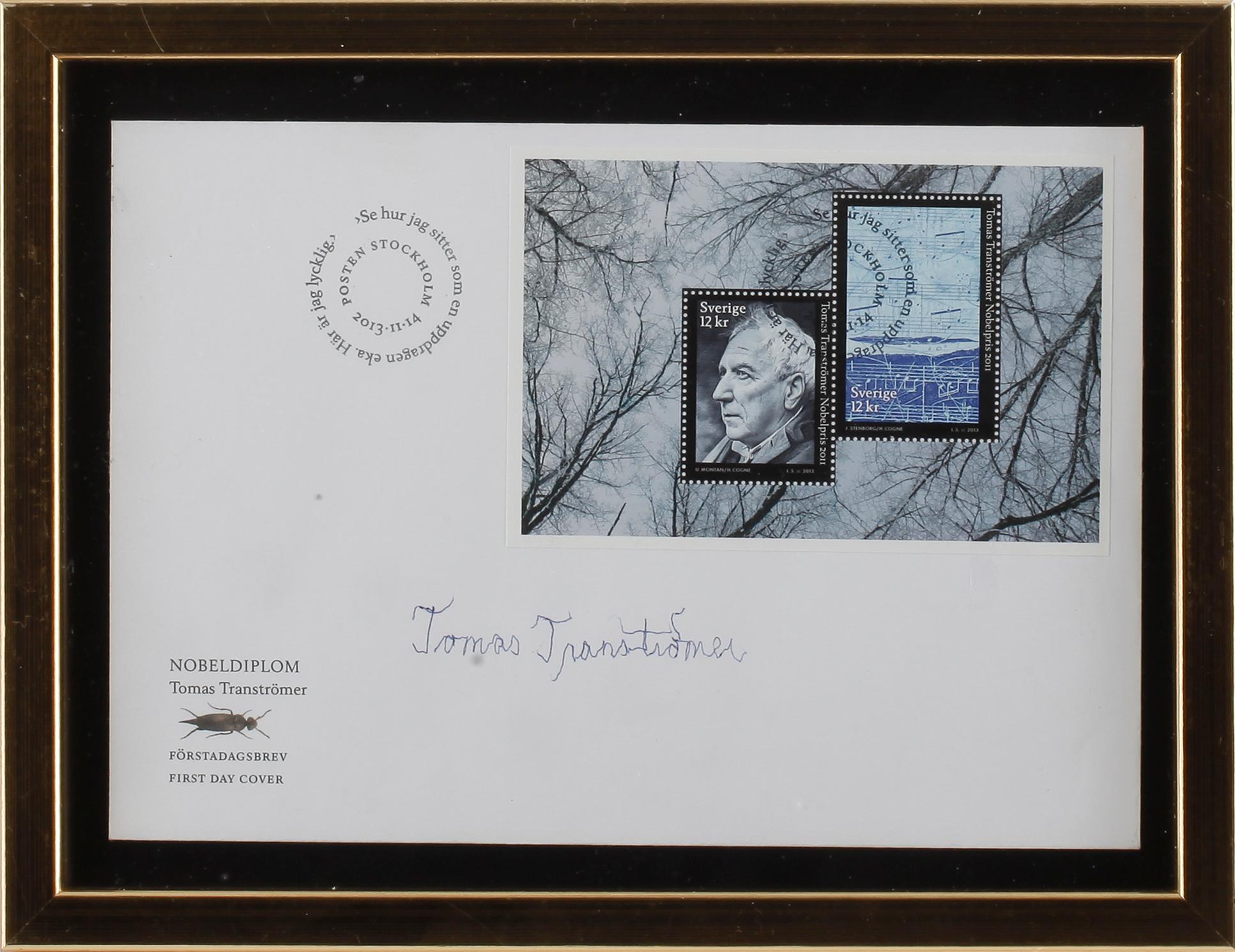 TOMAS TRANSTRÖMER f. 1931, autograf på förstadagsbrev, brevet dat 14 november 2013.
