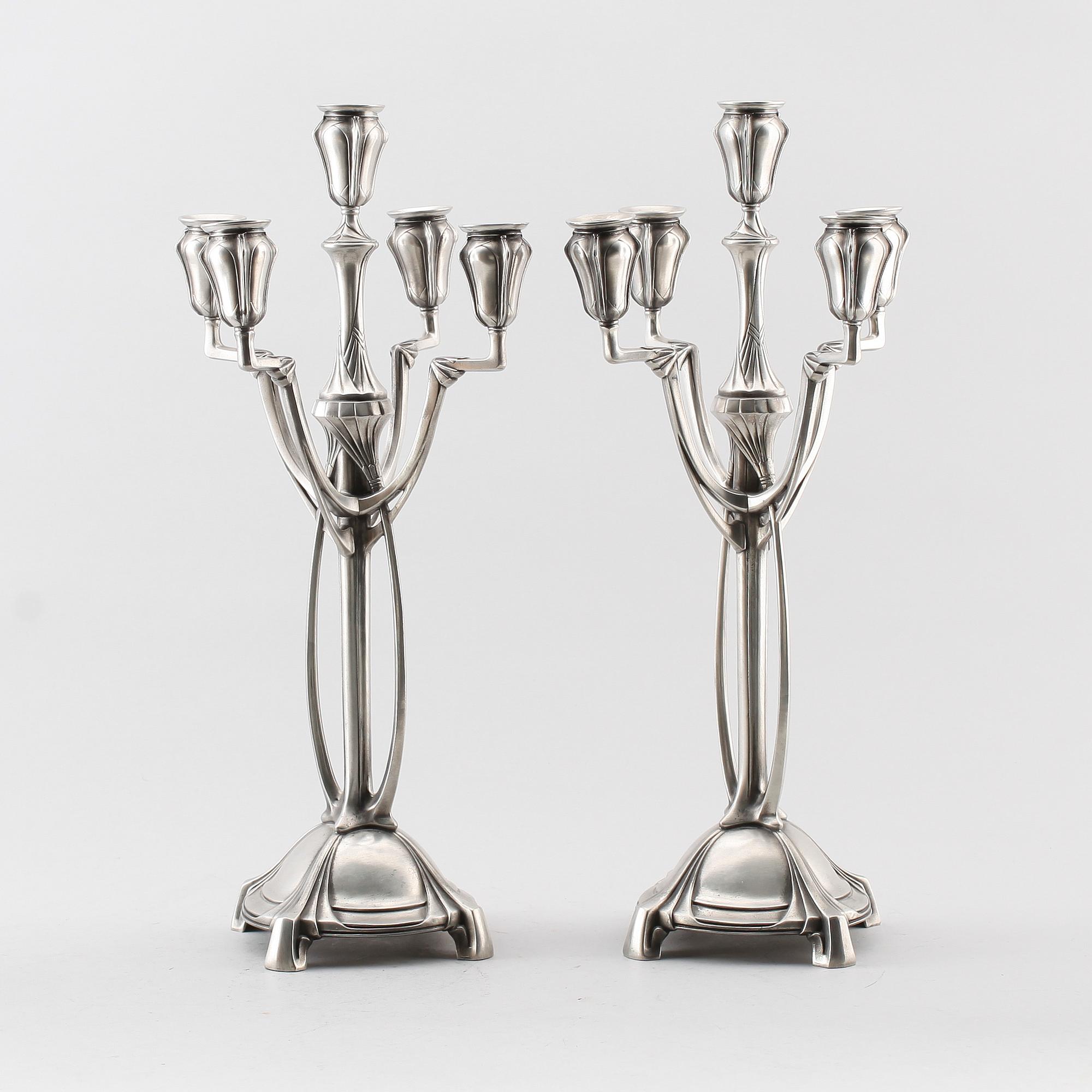KANDELABRAR, 1 par, vitmetall, art nouveau stil, Achille Gamba.