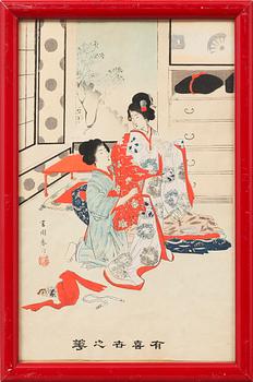 Four woodblock prints, i a Yoshiiku, probably from the first half of the 20th century.