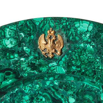 A pair of important Bolin 18K Gold and Gilt Silver Imperial presentation Malachite dishes, C.E. Bolin, St Petersburg, ca.