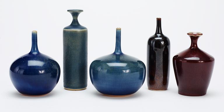 Five Rolf Palm stoneware miniature vases, Mölle.