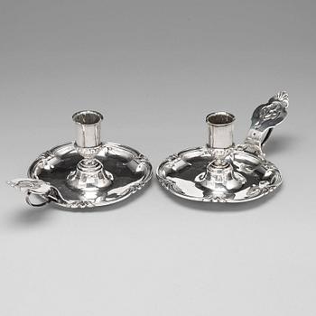 106. A PAIR OF SWEDISH 18TH CENTURY SILVER CHAMBER-CANDLESTICKS, MARK OF Petter Julin, Köping 1756.