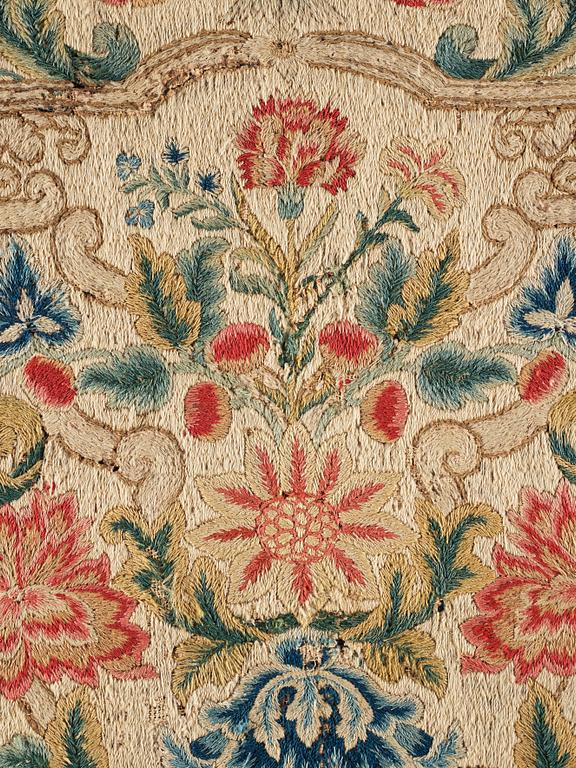 AN EMBROIDERY FRAGMENT, ca 47-50,5 x 48-50 cm, Europe 18th century, probably England, Germany or Scandinavia.