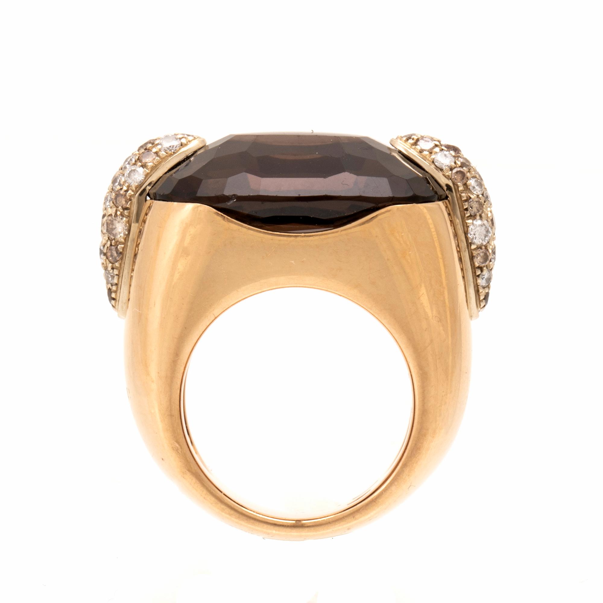 An 18K gold Pomellato "Pin Up" ring set with smoky quartz and round brilliant-cut diamonds.