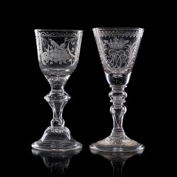 1326. Two engraved wine glasses, 18th Century.