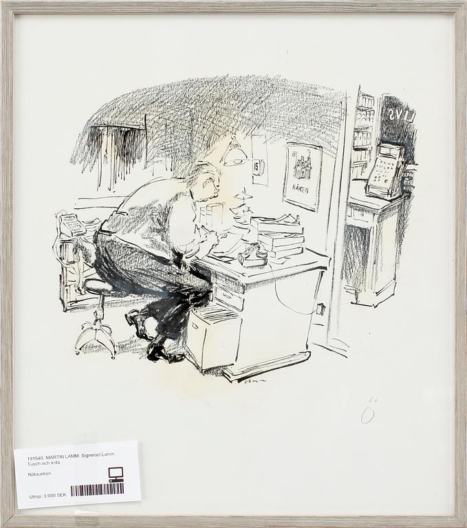 MARTIN LAMM. Tusch och krita. Sign.