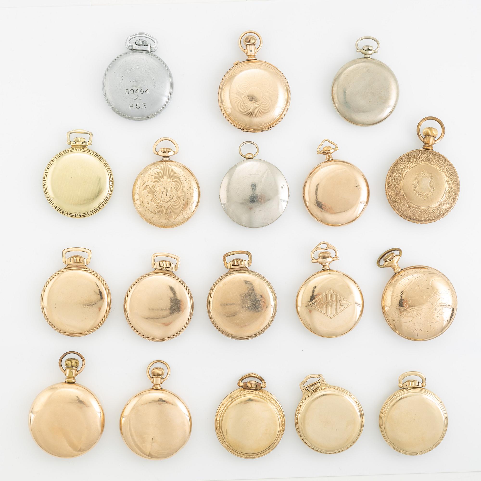 Samling fickur, 18 st, silver/pläterade.