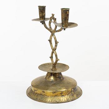 A Swedish brass two-branch candlestick, 18th/first part 19th century.