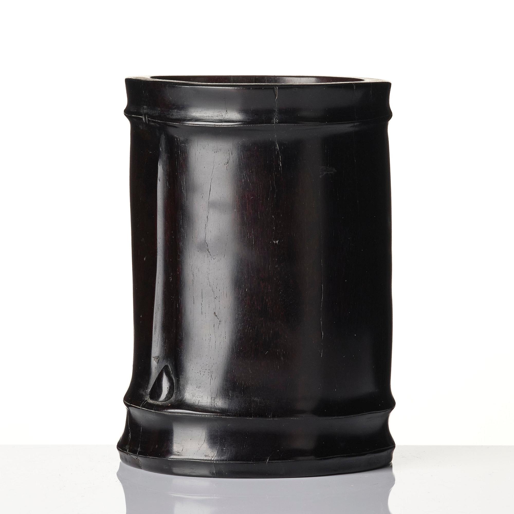 A hardwood bamboo shaped brushpot with a sceptre, China, 20th century.