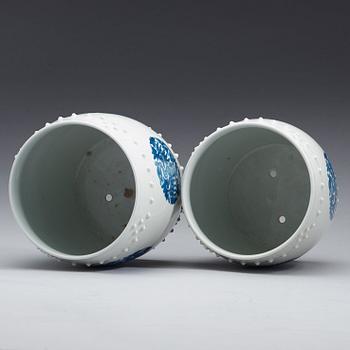 A pair of Chinese blue and white flower pots, early 20th Century.