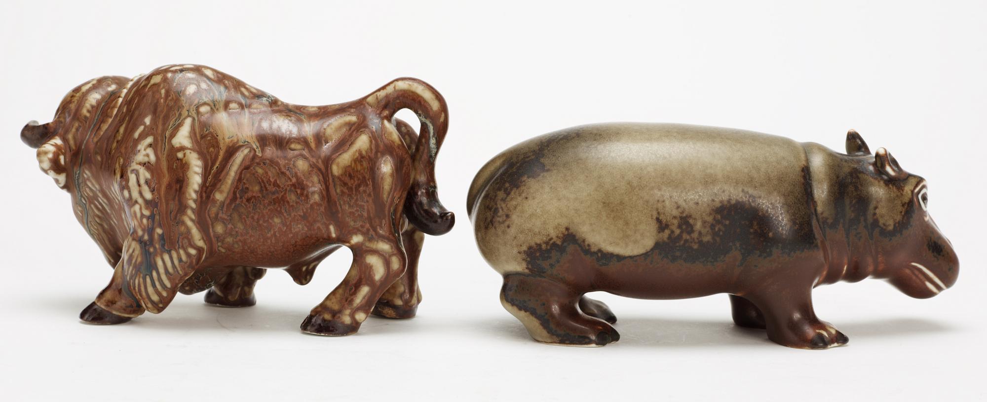 Two Gunnar Nylund stoneware figures, a bison and a hippo, Rörstrand.