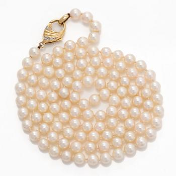 A cultured Akoya pearl necklace, clasp in 18K gold set with eight-cut diamonds. Swedish control mark.