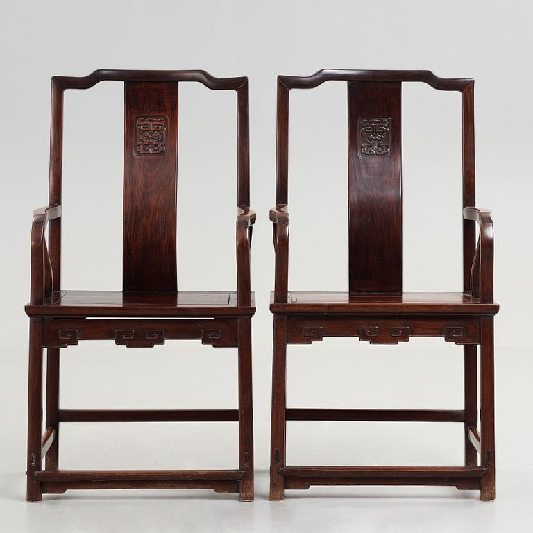 A pair of Chinese hardwood chairs, late Ming dynasty.