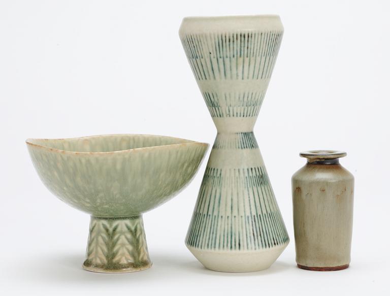 A Carl Harry Stålhane stoneware bowl and two vases, Rörstrand.