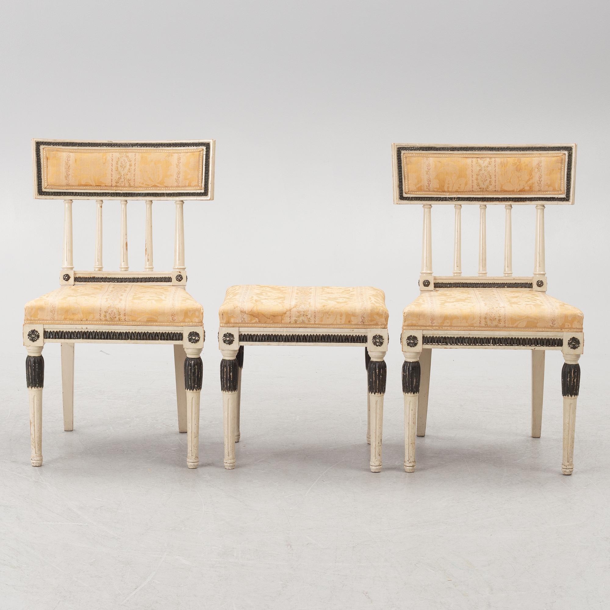 A pair  chairs and a stool, late-gustaivan style, J.O. Nyström Möbleringsaffär, Sweden, 20th century.