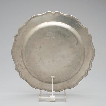 A Rococo pewter dish by S Marnel 1764.