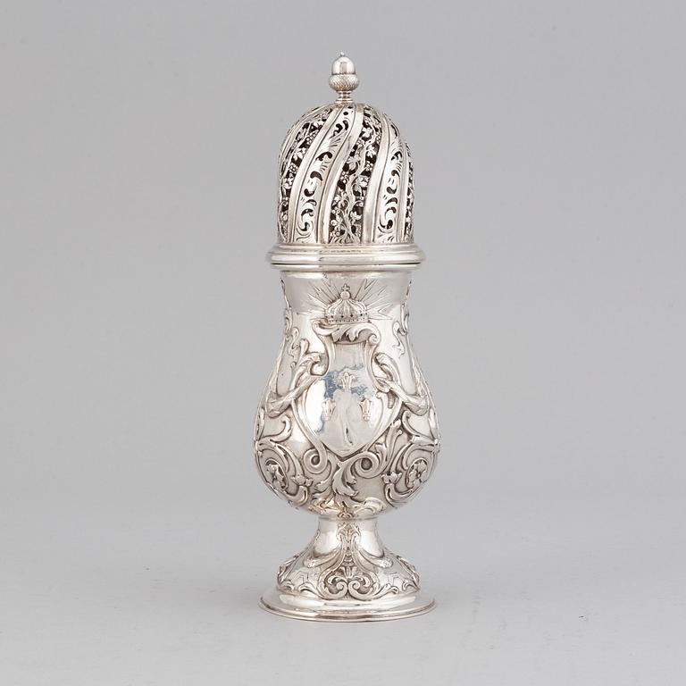 A French 19th/20th century silver sugar-caster. Rococo-style.