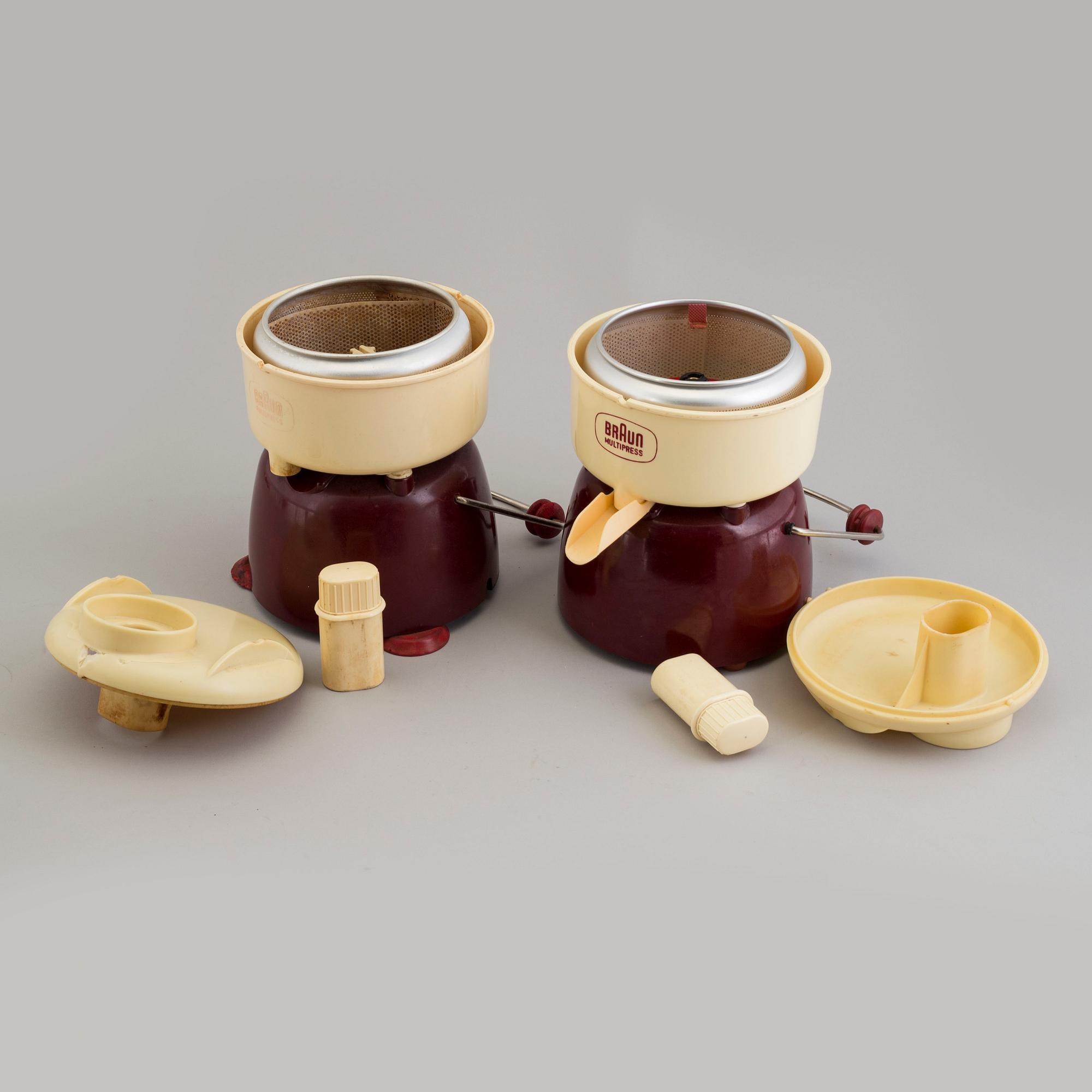 Two bakelite and plastic multipresses from Braun, 1950's.