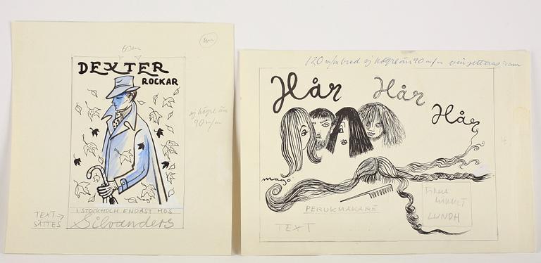 MAX GOLDSTEIN (MAGO) dräktskisser, kostymteckningar, fotografier, delvis sign, ca 40 st.