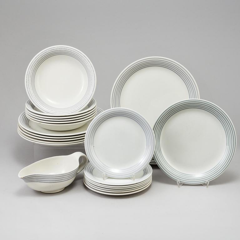 WILHELM KÅGE, 36 servisdelar, flintporslin,  "Grå ränder", Gustavsberg 1945-1969.