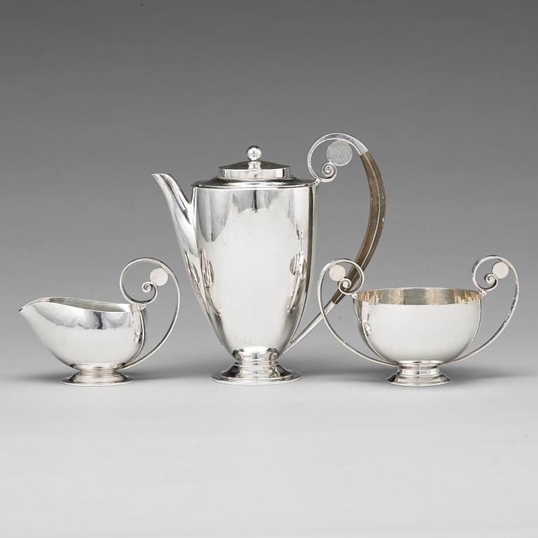 Johan Rohde, a set of three pieces of sterling coffee service, Georg Jensen, Copenhagen 1933-44, design nr 321 and 321A.