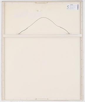 David Hockney, "Flowers, apple and pear on table".