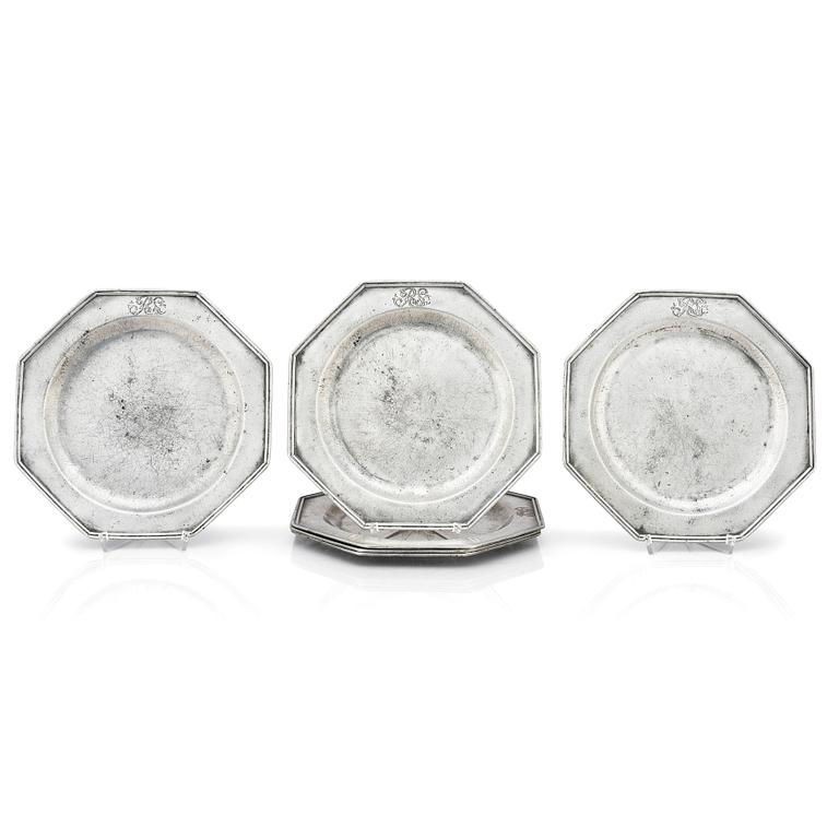 A set of six George II octagonal pewter plates by George Bacon of London mid 18th century.