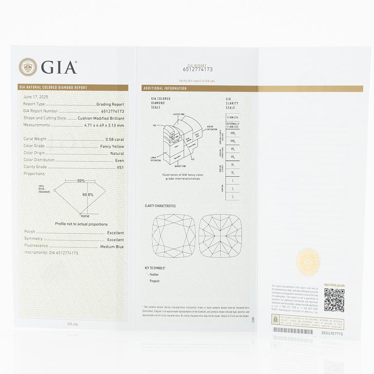 Cushionformad gul diamant, 0.58 ct, medföljande GIA report.