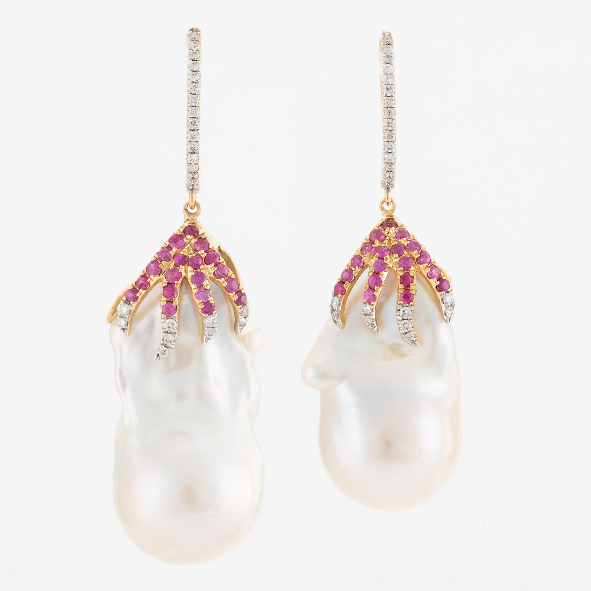 Earrings, 18K gold with cultured baroque pearls, brilliant-cut diamonds, and rubies.