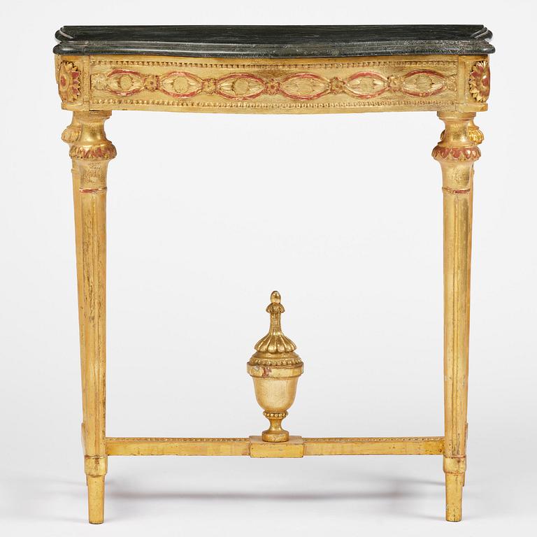 A Gustavian giltwood and Kolmårdsmarble-top console table, Stockholm, late 18th century.