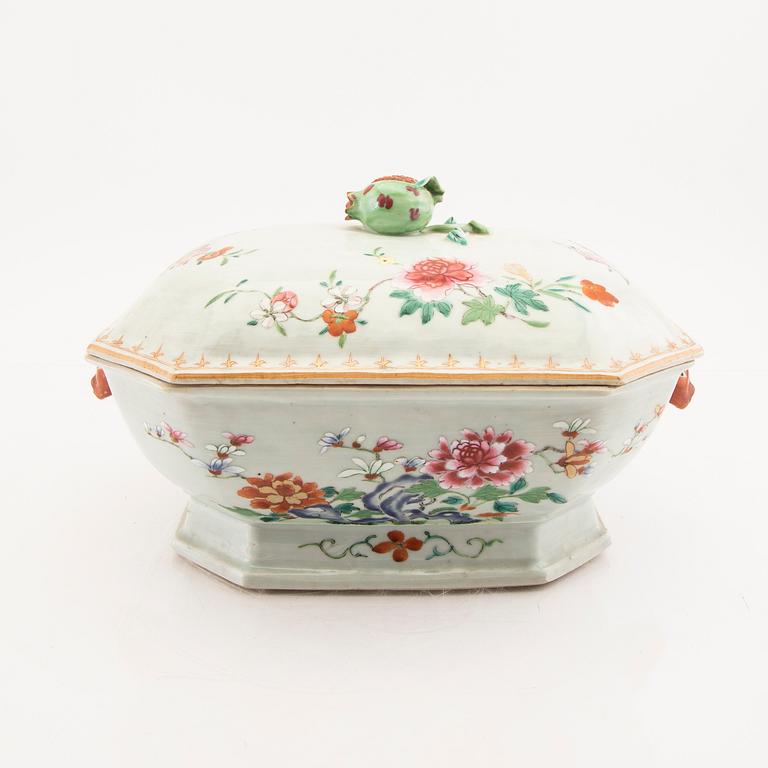 A Chinese famille rose tureen with cover and plate later part of the 18th century.