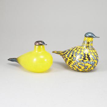 OIVA TOIKKA, två glasfåglar, Yellow Grouse (Keltariekko) 2014–2017, signerade O. Toikka, Iittala och Nuutajärvi.