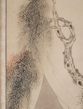 A Chinese painting, ink and water colour on paper of an elegant lady in thoughts, Qing dynasty, 19th Century.