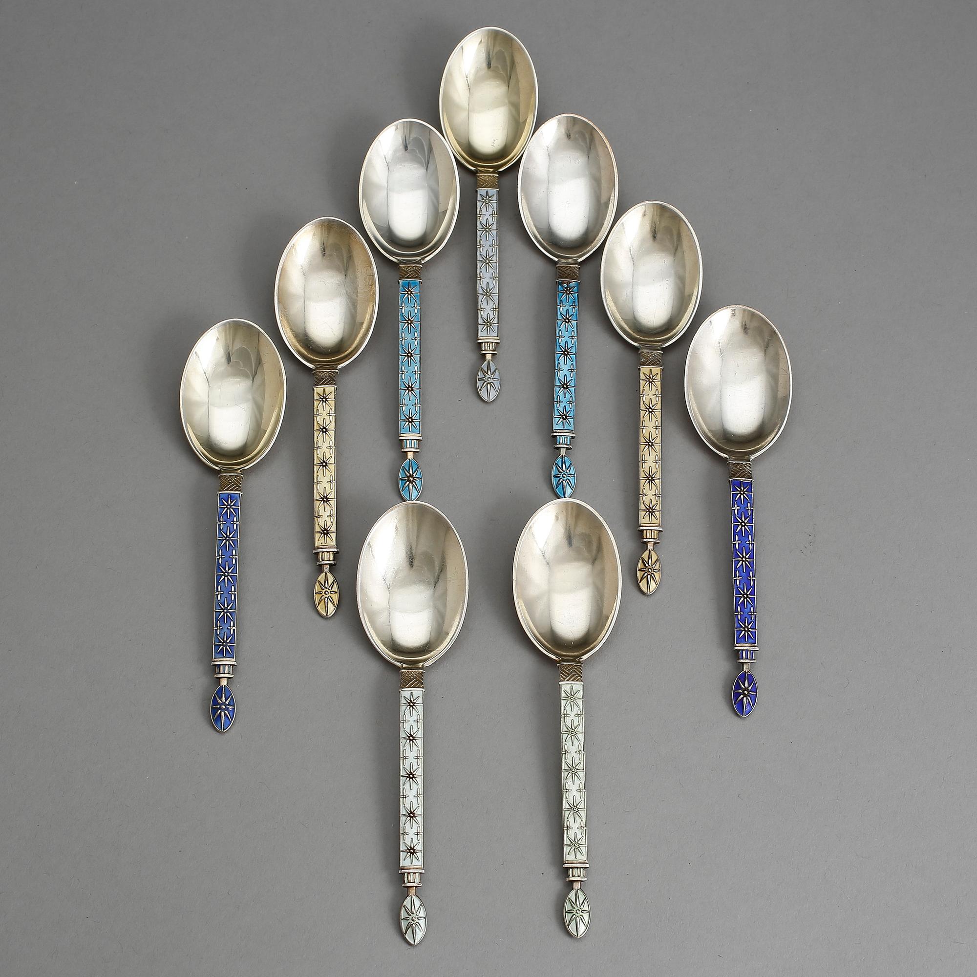 DESSERTSKEDAR, 9 st, emalj och silver, J Tostrup, Norge, Oslo, 1900-tal. Tot vikt ca 195 gram.