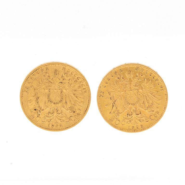 Coins 2 pcs 20 Crowns gold, Austria-Hungary 1894 and 1896.