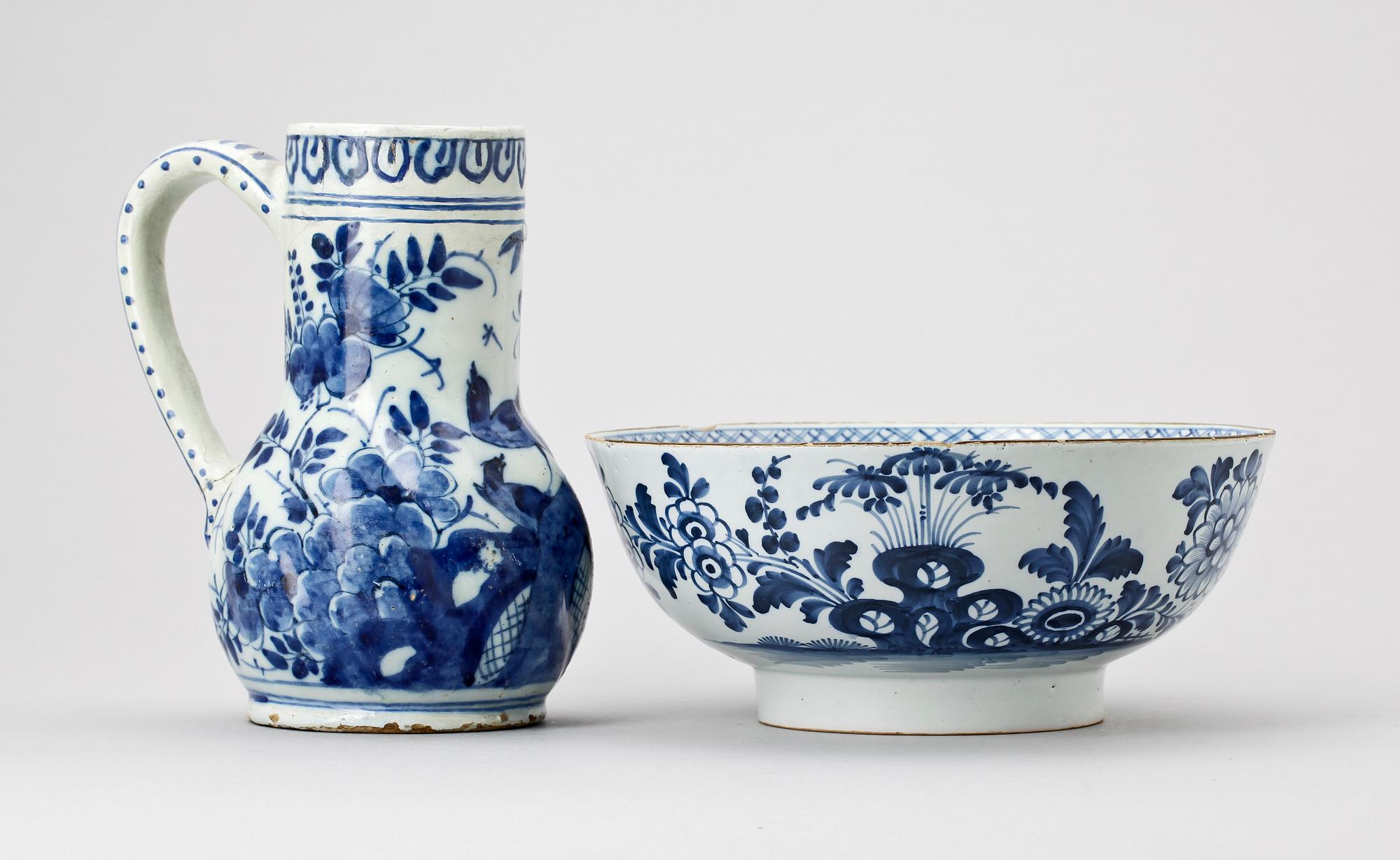 SKÅL SAMT KANNA, fajans, 1700/1800-tal.