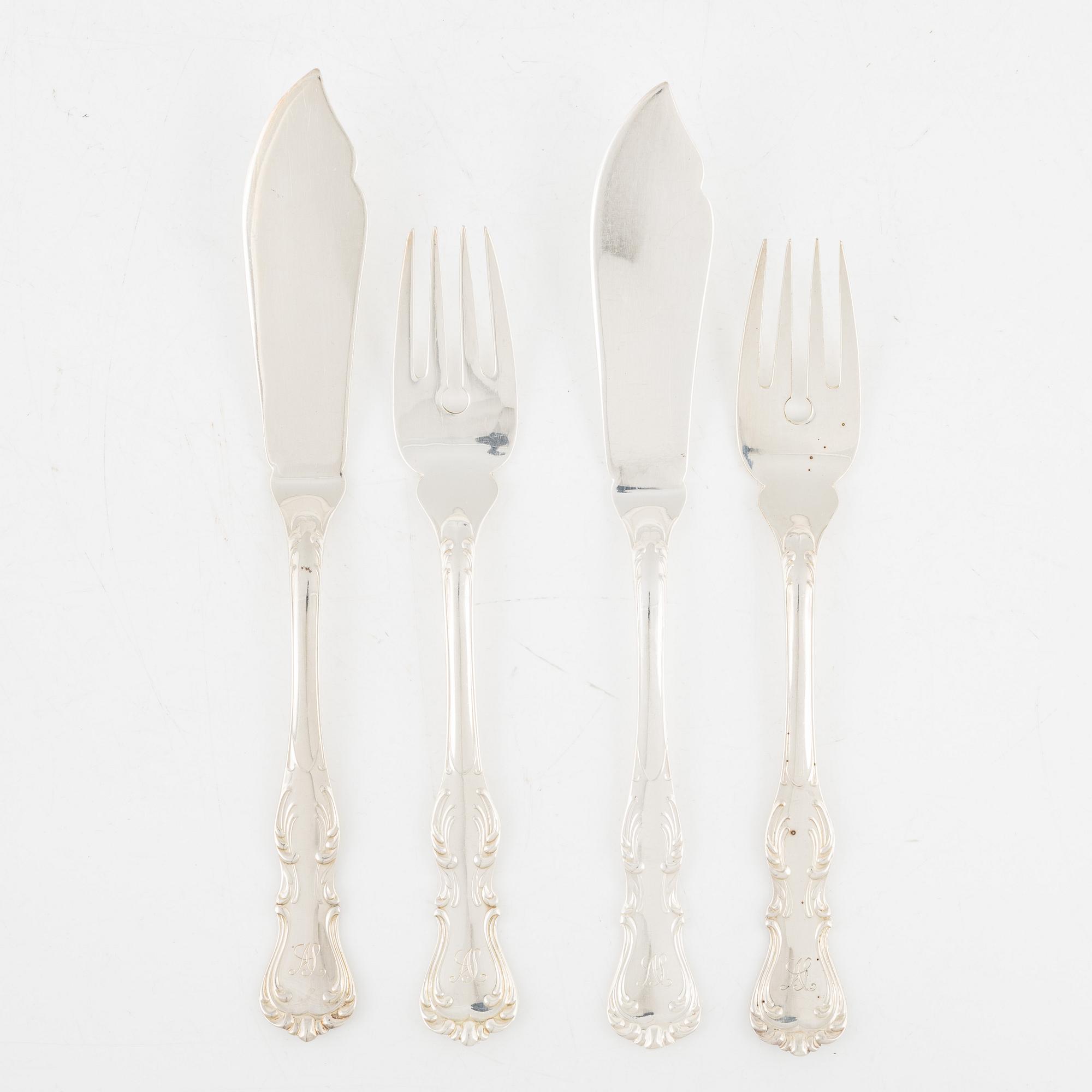 Fiskbestick, 60 delar, silver, modell "Prins Albert", GAB och CG Hallberg, bl a Stockholm 1958.