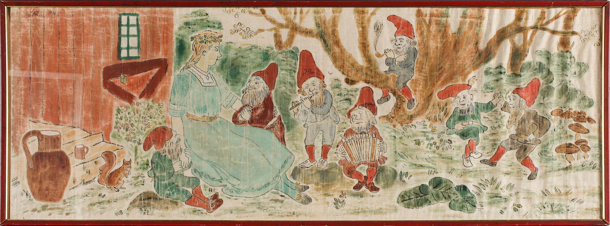 VÄGGBONAD, gouache på tyg, monogramsignerad AJ och daterad 1916.