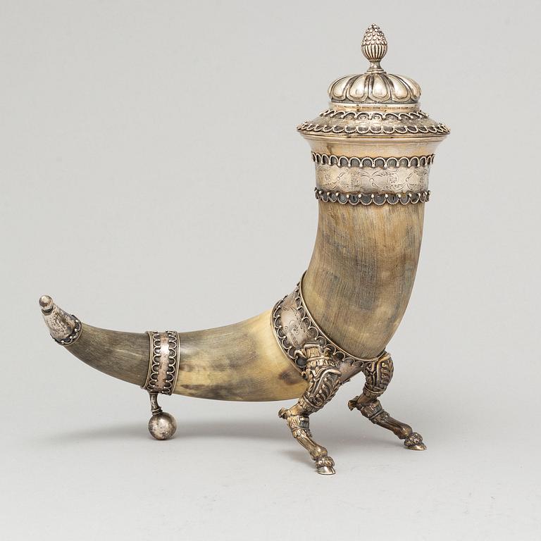 SAMUEL PETTERSSON, a silver and horn drinking horn, Linköping Sweden 1895.