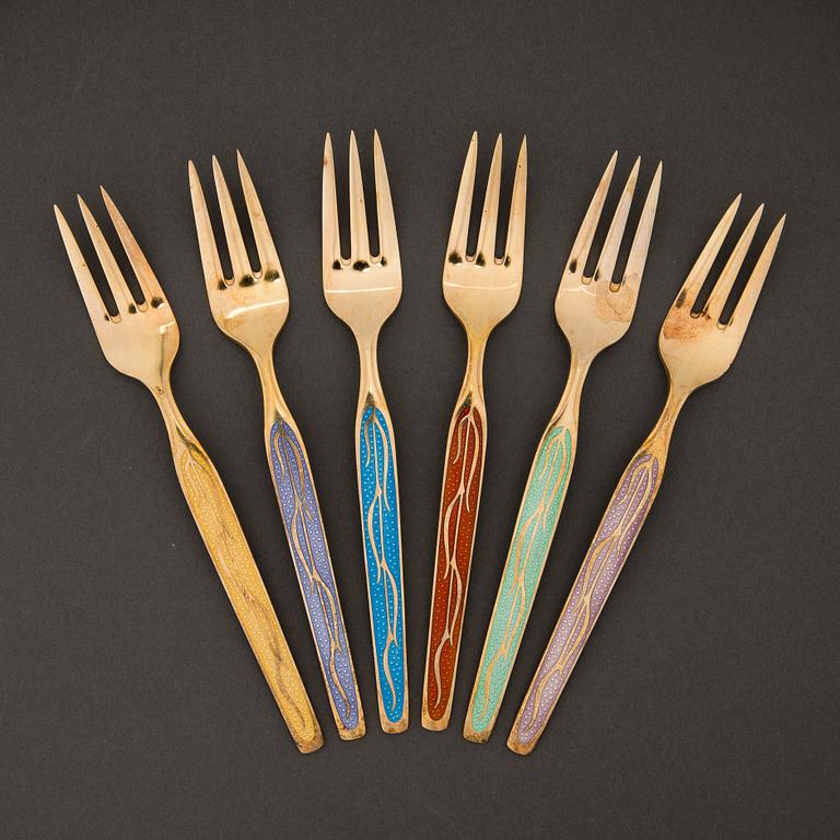 A 12-piece set of enamelled dessert cutlery in gilt sterling silver, Thorvald Marthinsen, Norway, Swedish import marks.