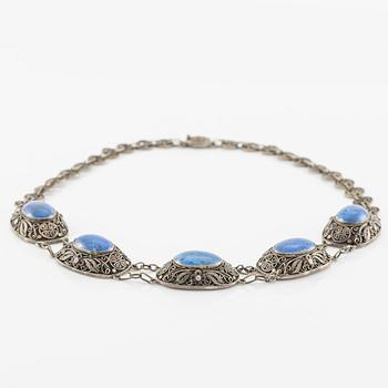 Necklace and earrings, silver with lapis lazuli.